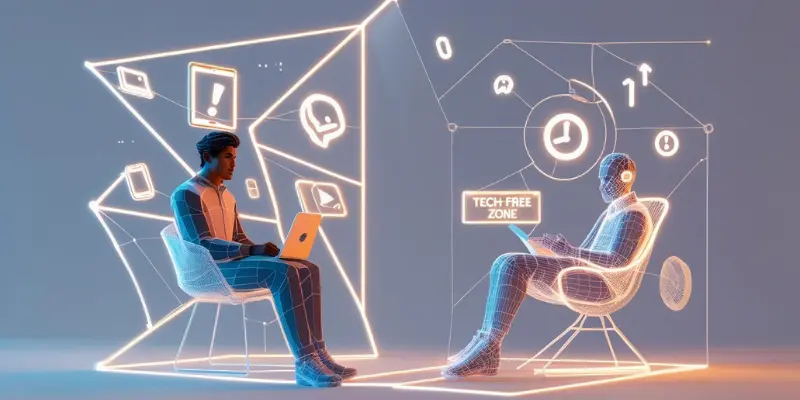 3D wireframe illustration of a person creating digital boundaries, with one side filled with devices and notifications and the other side as a peaceful, tech-free zone.