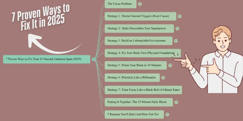 7 proven strategies to fix your attention span: mind map of internal triggers, discomfort, 4-minute Kata, and 25-minute block.