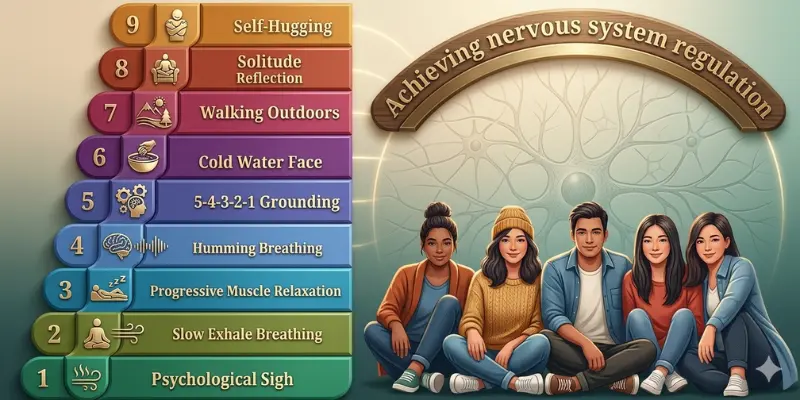 Infographic listing 9 nervous system regulation techniques next to a diverse group of relaxed individuals.