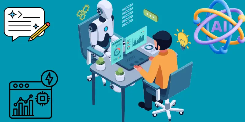 Illustration of a professional collaborating with a robot on AI workflow automation and prompt engineering.