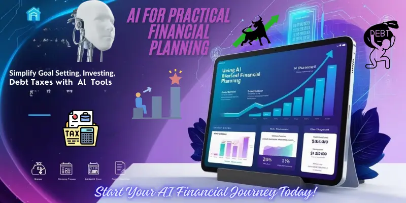 AI-powered financial planning dashboard simplifying goal setting, investing, debt management, and taxes with futuristic tools and visuals.