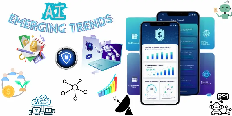 Futuristic AI-powered financial dashboard showcasing best practices and emerging trends, including data security, customization, financial ecosystems, and predictive analytics.
