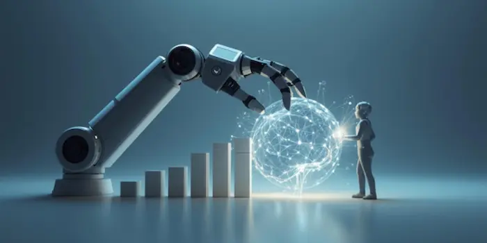 Ai Mindset Shift Personal Growth Robot arm handing a glowing brain sphere to a person over rising blocks, symbolizing AI’s role in personal growth beyond productivity, like Mindsera.