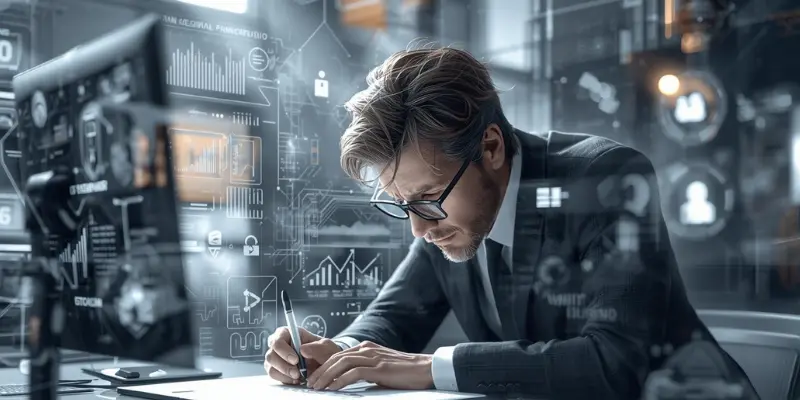 A focused professional using a pen at a desk, surrounded by complex, futuristic holographic data dashboards, symbolizing AI-driven task optimization and deep work focus for neurodivergent productivity.