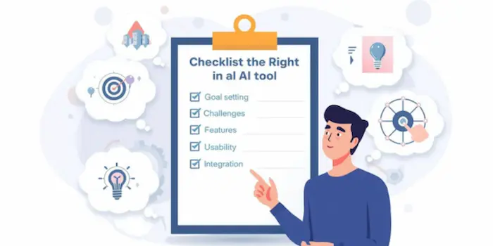 Ai Tool Selection Checklist Cover Person pointing to a checklist titled 'Checklist the Right in AI Tool' with goals, challenges, features, usability, and integration, surrounded by AI idea icons.