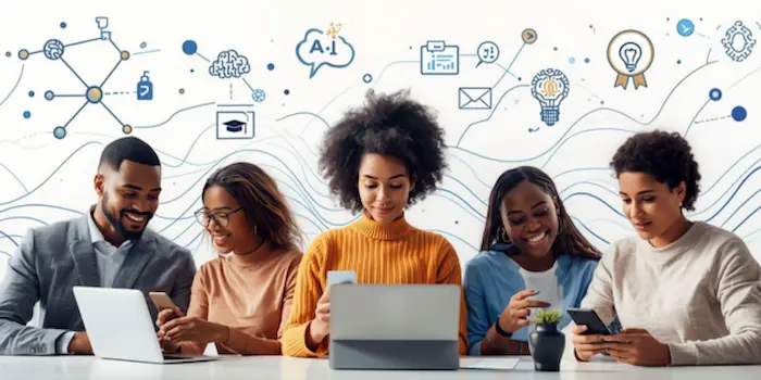 Ai Tools Learning Skill Development Diverse group using laptops and phones with AI icons (brain, lightbulb, chat) for learning, symbolizing AI tools like Preply, Duolingo, and Unschooler.me for skill development.