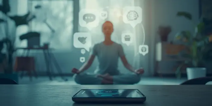 Ai Tools Mental Clarity Meditation Cover Person meditating in a calm room with AI icons (brain, chat, heart) and a smartphone, symbolizing AI tools for mental clarity and emotional support like Wysa, Youper, and Calm AI.
