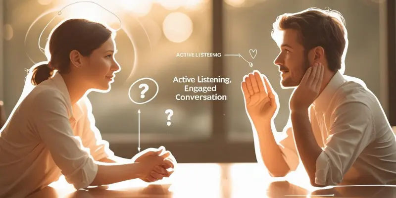 Active Listening Engaged Conversation Annotations Warm Lighting Two people at a table in warm light; on-image notes read “Active Listening,” with arrows and question marks showing engaged conversation flow.