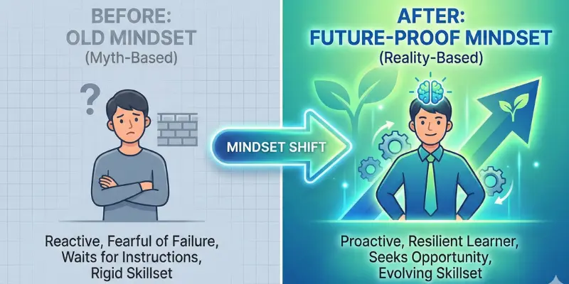 Adaptability Mindset Shift Before After Infographic Infographic comparing the Old Mindset (myth-based) versus the Future-Proof Mindset (reality-based) for adaptability skills.