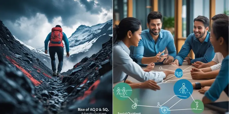 Adversity Quotient Social Quotient Aq Sq Concept Adversity Quotient and Social Quotient concept image showing a person overcoming challenges in a mountainous terrain and a group of professionals collaborating around a table.