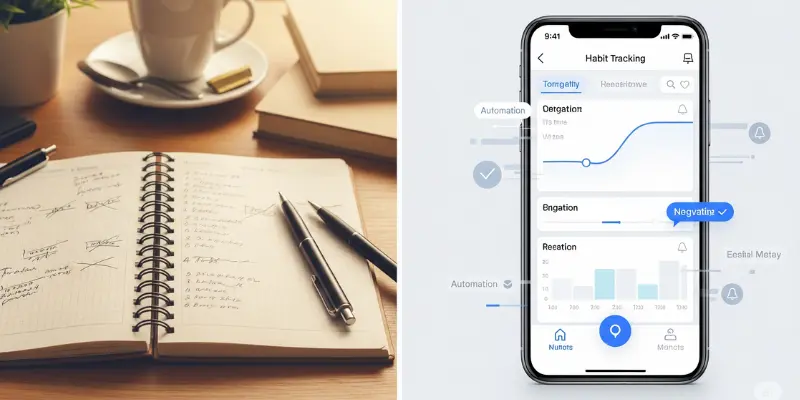 Analog Vs Digital Habit Tracking Apps Split image contrasting messy analog habit journal with clean digital habit tracking app interface.