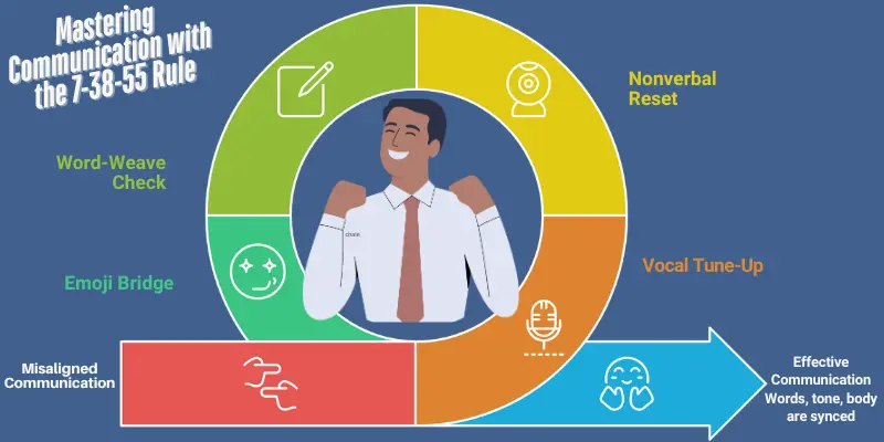Applying 7 38 55 Rule Communication Infographic Virtual Meetings This Year Infographic illustrating how to apply the 7-38-55 communication rule in everyday interactions, showing the balance between words (7%), tone of voice (38%), and body language (55%) with practical steps for mastering communication in virtual and hybrid settings.