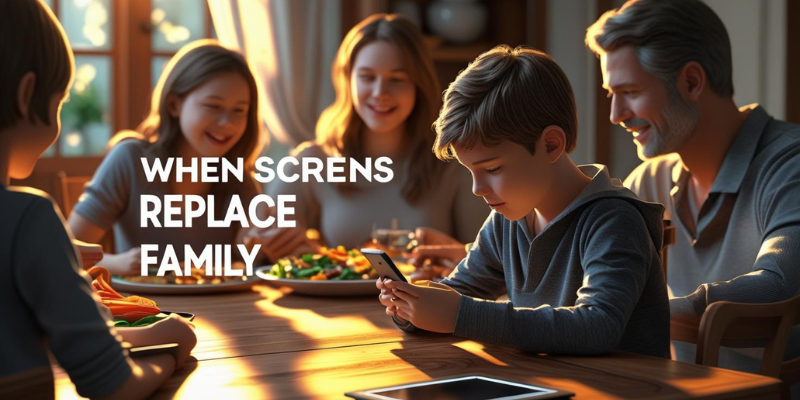 Bnbnbn Child using smartphone at family dinner with hidden tablet and text 'WHEN SCRENS REPLACE FAMILY' for digital detox blog.