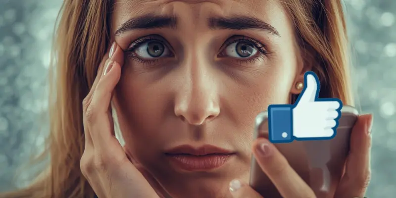 Backhanded Compliment Social Media Confusion A woman with a confused expression looks at a phone showing a large thumbs-up icon.
