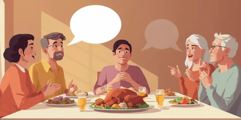 Backhanded Compliments Family Dinner Illustration of a family gathering where relatives give backhanded compliments, showing polite smiles mixed with awkward reactions.