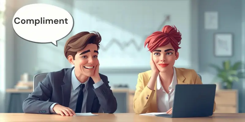 Backhanded Compliments In The Workplace Illustration Two coworkers in an office, one giving a compliment in a speech bubble while the other looks politely confused, illustrating backhanded compliments at work.