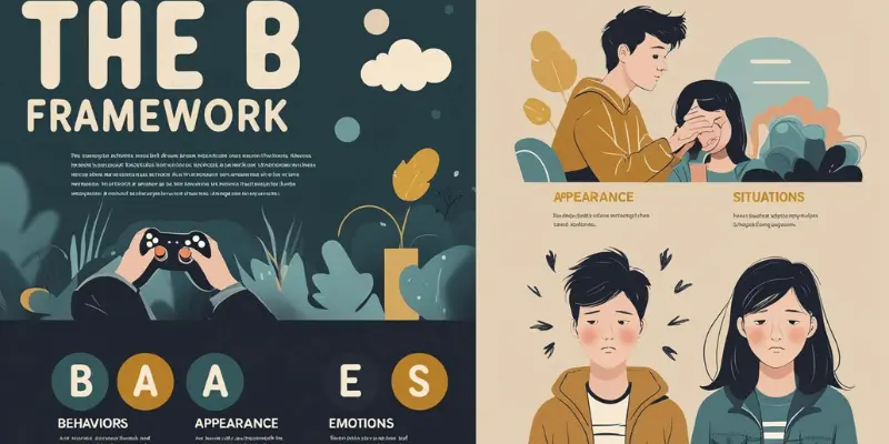 Baes Framework Red Flags Teenage Behavior Infographic Infographic of the BAES Framework for identifying red flags in teenage behavior, with sections for Behaviors, Appearance, Emotions, and Situations, each illustrated with relevant icons and teen illustrations.