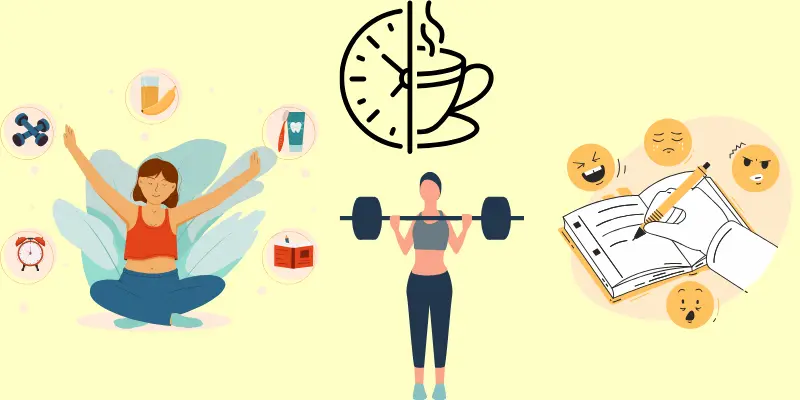 Balanced Daily Routine Mental Toughness Exercises Illustration "Illustration of a balanced daily routine for mental toughness. A student practices mindfulness and stretching, symbols for health and hydration. A coffee cup and clock represent time management, while a student lifts weights to symbolize resilience. Emotion icons show stress management, with a soft yellow background.