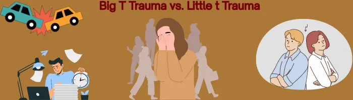 Big T Vs Little T Trauma Triggers Illustration comparing "Big T" and "Little t" trauma with images of a car crash, a person overwhelmed, and a couple fighting.