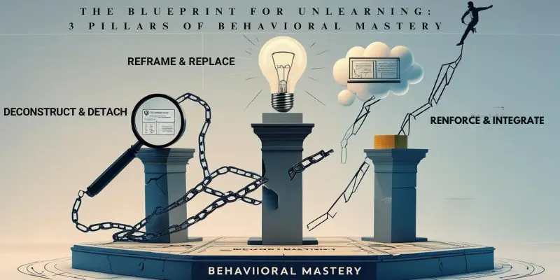 Blueprint Unlearning 3 Pillars Behavioral Mastery Infographic of three pillars for unlearning habits, labeled Deconstruct & Detach, Reframe & Replace, and Reinforce & Integrate, symbolizing a blueprint for behavioral mastery.