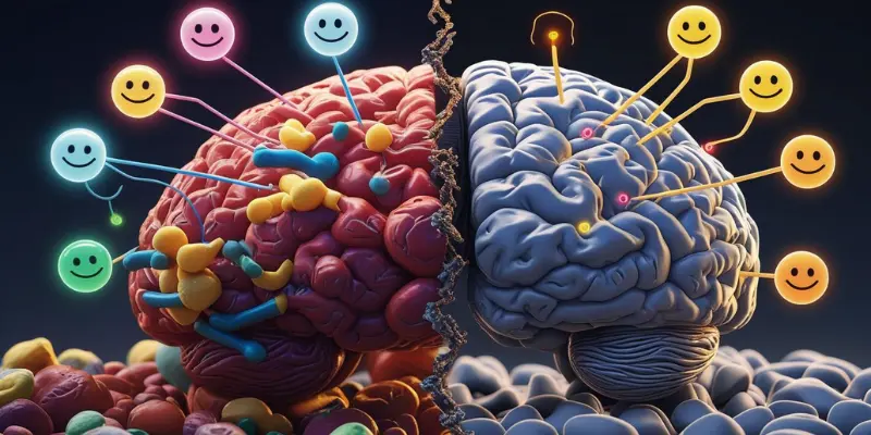 Brain Neurotransmitter Imbalance Mood Illustration of a split brain showing balanced and imbalanced neurotransmitters impacting mood