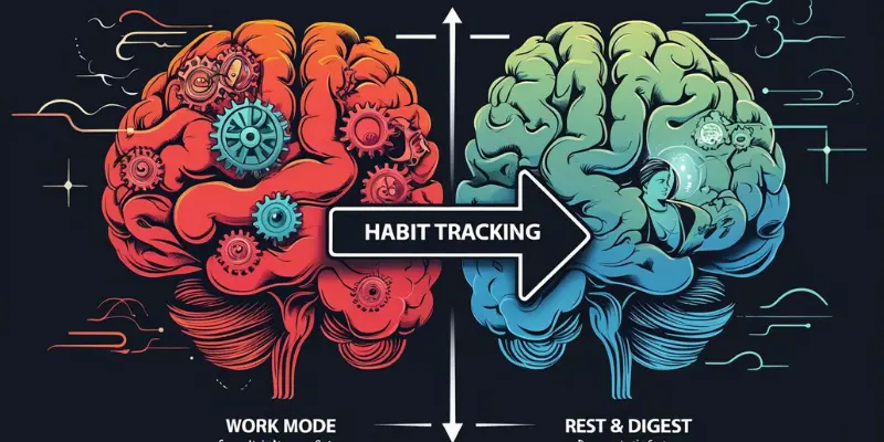 Brain Switch Work To Rest Habit Tracking Diagram showing habit tracking transitioning the brain from a red, geared 'work mode' to a calm, blue-green 'rest & digest' mode.