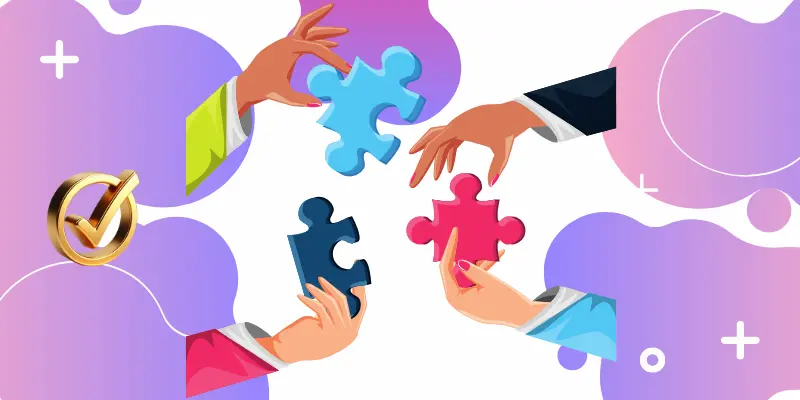 Break Down Overwhelming Tasks Illustration of hands organizing colorful puzzle pieces into a neat pile on a blue gradient background, with a checklist of green checkmarks on the left, symbolizing breaking down overwhelming tasks into manageable steps.