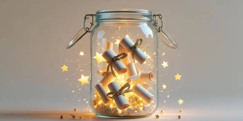 Build Evidence Bank Successes Jar Accomplishments A glowing glass jar filled with rolled notes and golden stars, symbolizing an evidence bank of successes and achievements.
