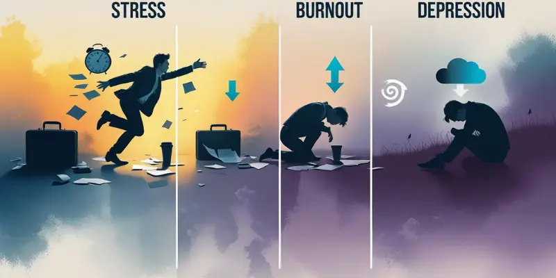 Infographic comparing stress, burnout, and depression with silhouettes: stressed person juggling tasks, burnout person exhausted, depressed person isolated, for recovery insights.