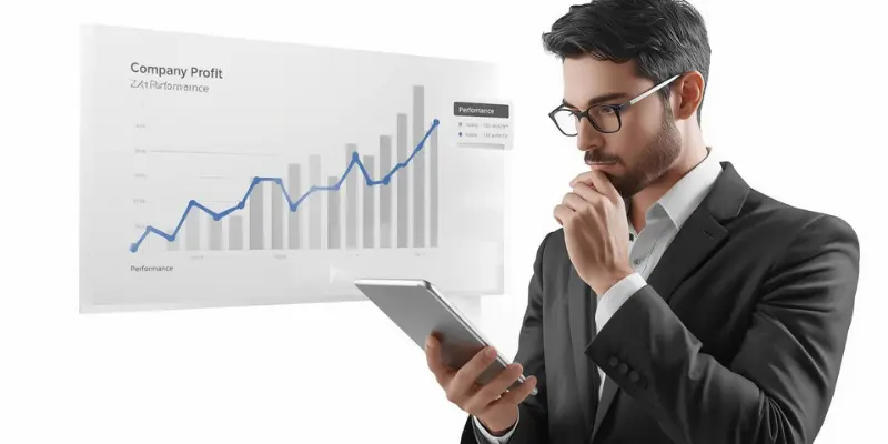 Business Person Analyzing Financial Performance Charts Businessman analyzing financial profit and performance charts on a tablet.