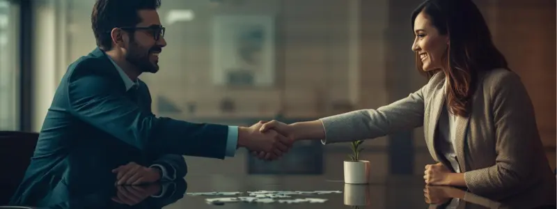Business Professionals Handshake Modern Office Meeting Two business professionals, a man and a woman, smiling and shaking hands across a conference table in a modern office setting.