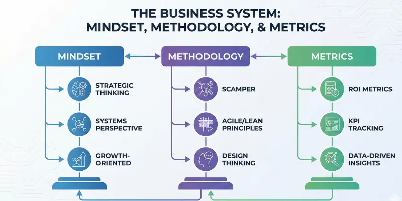 Three-pillar business system infographic detailing Mindset, Methodology, and Metrics, with examples like Strategic Thinking, SCAMPER, and ROI Metrics.