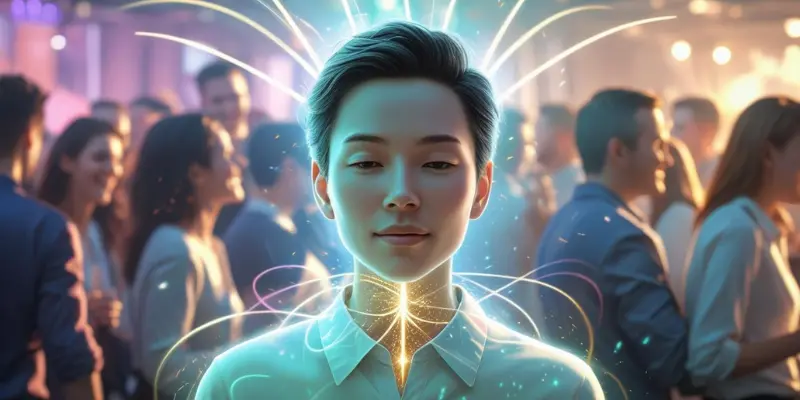 Calm introvert with glowing aura standing in a crowded social setting, symbolizing energy control and self-assurance.