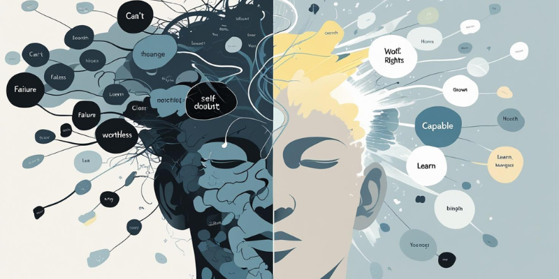 Challenge Reframe Inner Critic Mindset Shift Illustration of a divided head showing negative thoughts transforming into positive ones, representing challenging the inner critic.