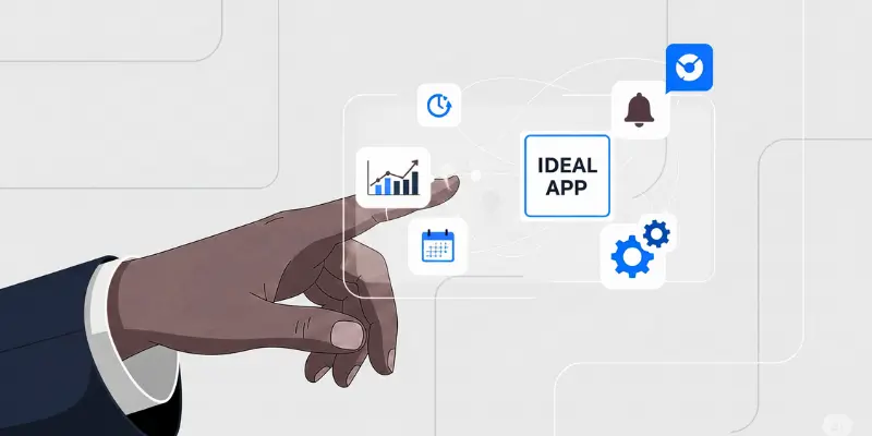 Choosing Habit Tracker Features Hand selecting features on holographic interface for ideal habit tracker app.