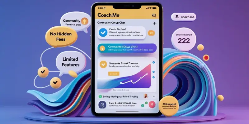 Coach Me Habit Tracker 2025 Free 1 Illustration of Coach.me habit tracker on tablet with community chat, goal checklist, and streak tracker, showcasing free 2025 features.