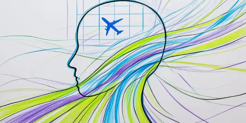Illustration of a human head outline with an airplane inside and chaotic lines, symbolizing cognitive disruption and mental fatigue from travel or demanding situations.