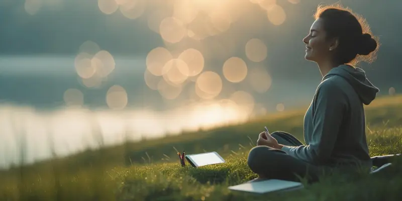 Person meditating by a lake at sunrise with a notebook and tablet, symbolizing cognitive restoration and digital detox in 2025.