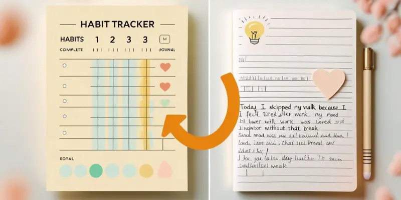 Combine Habit Tracker Journal Self Awareness Habit tracker form and journal open with handwritten reflection, connected by a curved arrow.