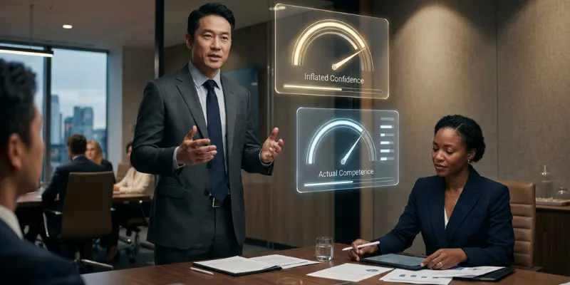 Confidence Competence Calibration Three professionals in a meeting with visual gauges showing confidence and competence
