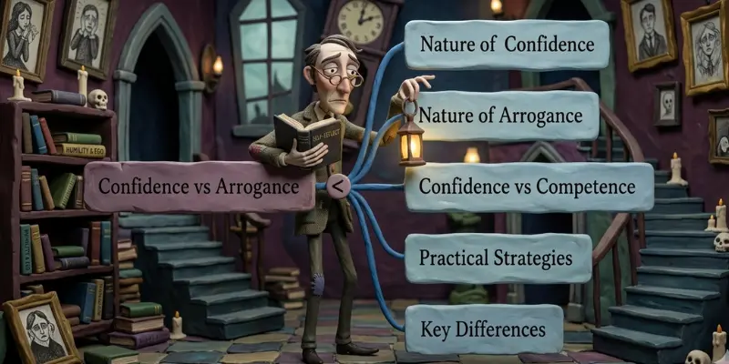 Confidence Vs Arrogance Mind Map Claymation-style mind map of a thoughtful man branching the topic Confidence vs Arrogance into five sub-topics.