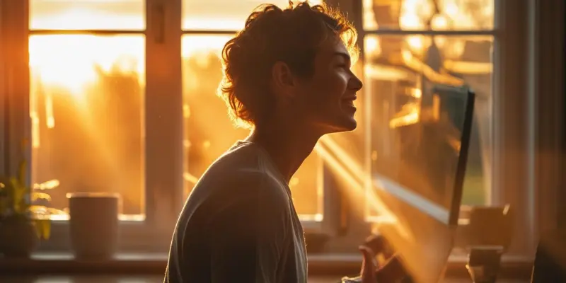 Consistent Wake Up Time Circadian Rrhythm Person enjoying morning light, aligning with consistent wake-up time.