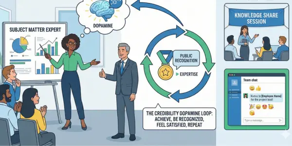 Credibility Dopamine Loop Employee Recognition Infographic Infographic illustrating the "Credibility Dopamine Loop" in a workplace, showing how achieving expertise and public recognition creates satisfaction.