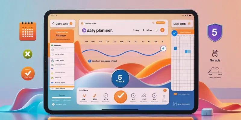Daily Planner Habit Tracker 2025 Free Illustration of Daily Planner & Habit Tracker on tablet with schedule, reminders, and progress chart, showcasing free 2025 features.