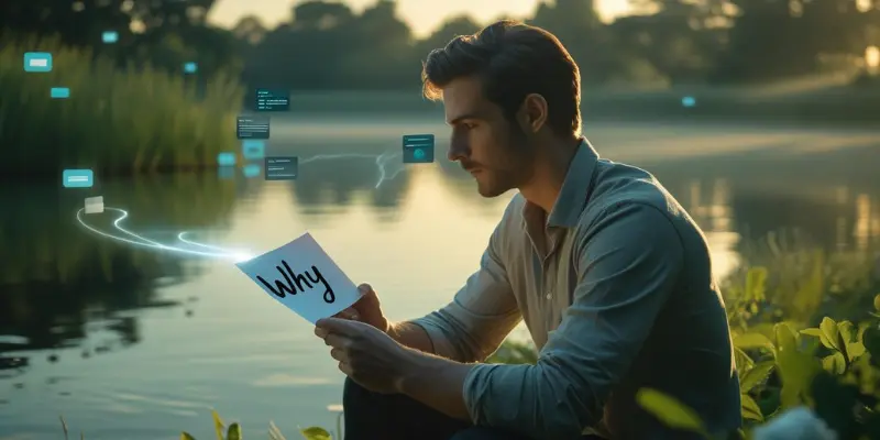 Define Why Anchor Fomo Digital Man holding 'Why' note by lake with fading digital notifications, symbolizing anchoring against FOMO during digital detox.
