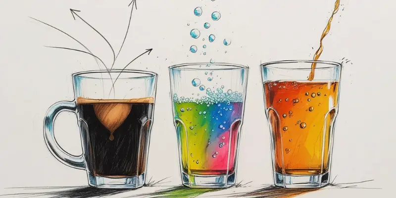 Illustration of coffee, a sugary drink, and alcohol, with arrows indicating fluid loss from each glass, symbolizing their dehydrating effects.