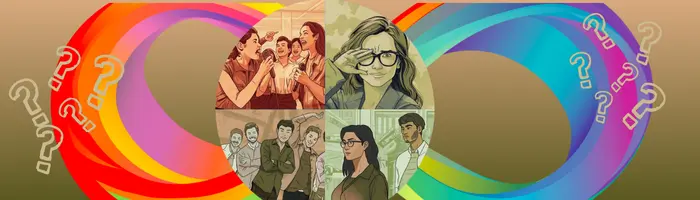 Dei Global Pressures Peer Pressure Workplace Image Diverse team in divided circle facing DEI pressures in 2025 workplace: karaoke huddle, neurodiverse stress with glasses, cultural group talk, and expat isolation with suitcase and flags.