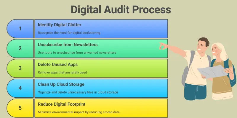 Digital Audit Process Declutter Guide Infographic of a digital audit process with five steps: identifying clutter, unsubscribing from newsletters, deleting unused apps, cleaning cloud storage, and reducing digital footprint.