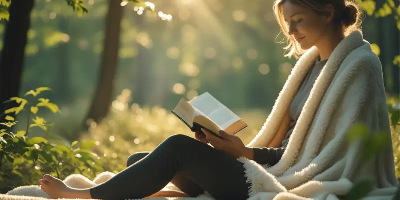 Person reading a book in a serene forest with soft sunlight filtering through trees, wrapped in a cozy blanket, symbolizing a digital detox and mental peace in 2025.