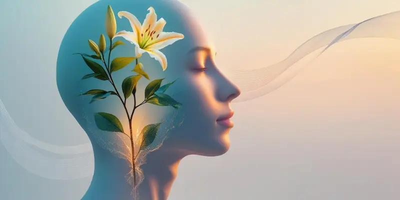 Serene head with a blooming lily, symbolizing mental clarity and well-being.